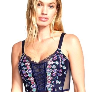 VS Bejeweled Floral Embroidered Navy Corset Top